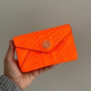 Tory Burch Wallet on Chain Orange Croc Embossed